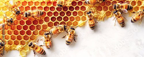 Close up of bees working on honeycomb filled with golden honey. Image captures detailed texture of honeycomb and vibrant colors of bees