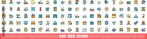 100 bed icons set. Color line set of bed vector icons thin line color flat on white