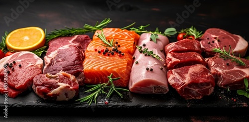 Assorted raw meat including steak salmon beef pork and chicken on a black background  Generative AI