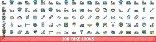 100 bike icons set. Color line set of bike vector icons thin line color flat on white photo