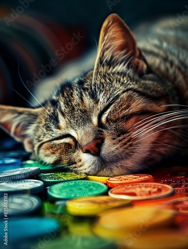 Cat sleeping on a pile of money with oil stains on it, A humorous depiction of benefiting from oil wealth without effort photo