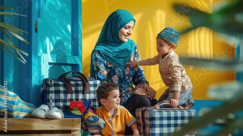 Muslim family father mother and child planning summer vacation carrying suitcases.