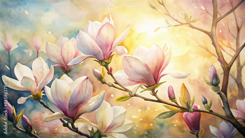 A beautiful watercolor background of blooming magnolia flowers