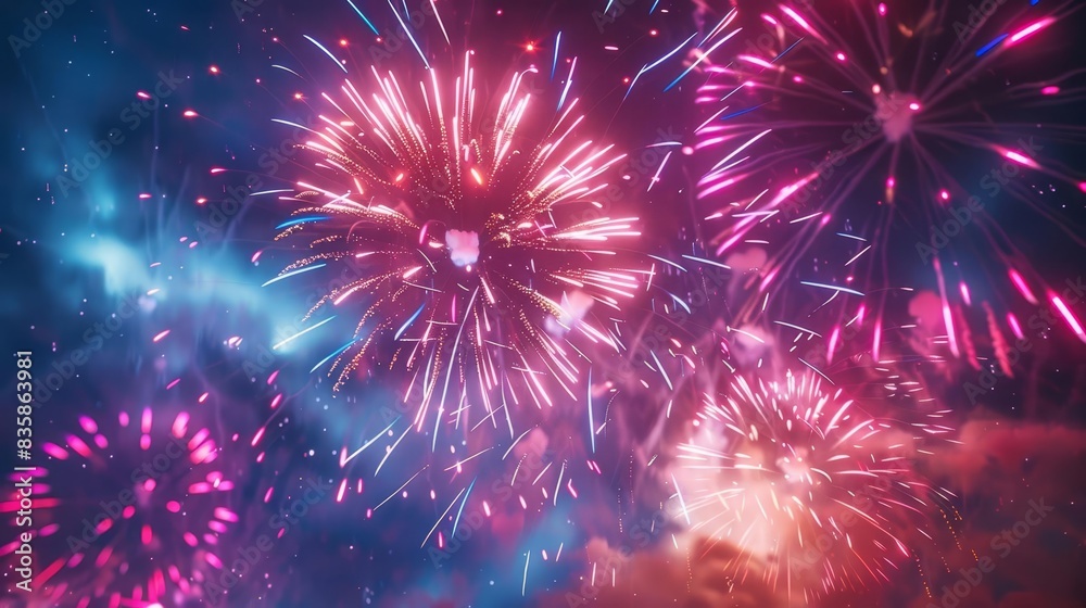 Fototapeta premium Freedom Fireworks show, night sky illuminated, celebrating freedom, special finale display, vibrant colors, realistic illustration