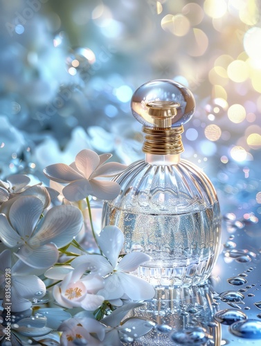 Perfume with white flower background and crystal clear water 