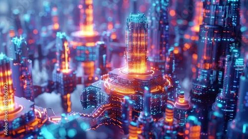 Fourdimensional image of a futuristic city, Abstract, Multicolored, 3D rendering, Creating a surreal and complex urban scene