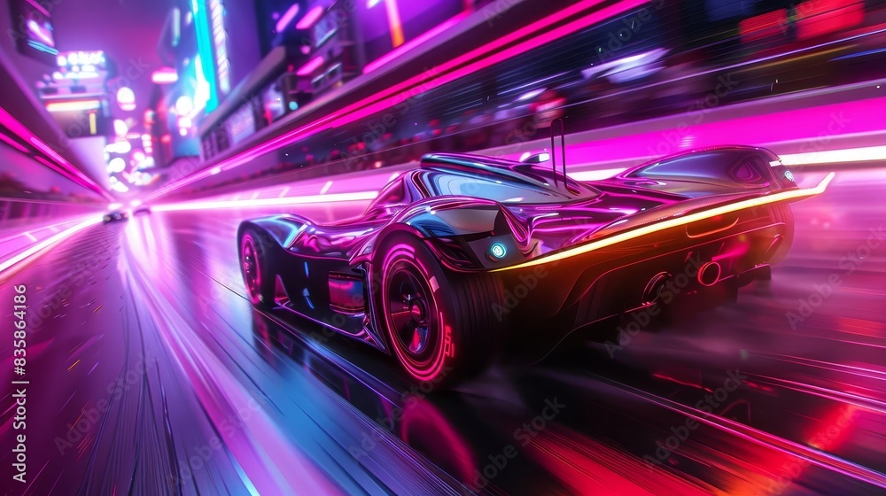 Futuristic racing track with hover vehicles, Scifi, Bright neon colors, 3D rendering, Highlighting advanced transportation in a highspeed race