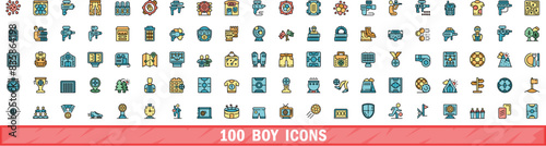 100 boy icons set. Color line set of boy vector icons thin line color flat on white