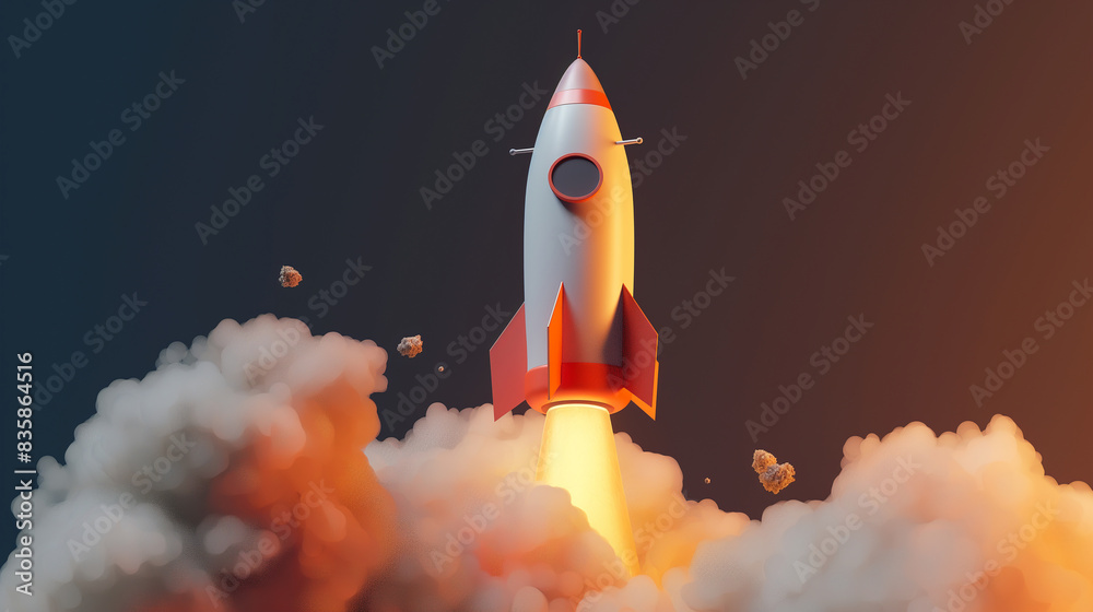 Fototapeta premium 3D Realistic Cartoon Style Space Rocket with Smoke