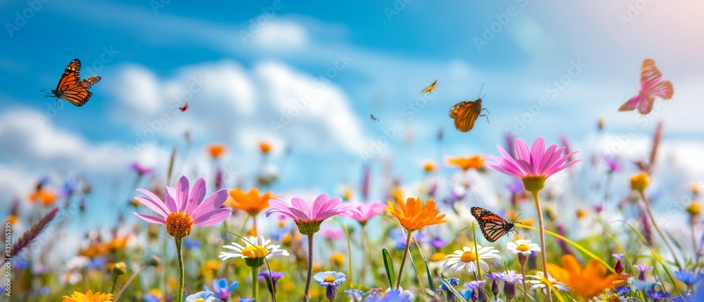 Cosmos blooming in the field, butterflies, blue sky and clouds background, Cosmos blooming in the field, butterflies, blue sky and clouds background,