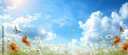 Daisy flowers blooming in the field. Butterflies and bees, blue sky and clouds background