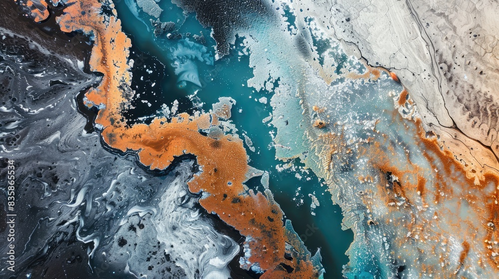 Photographs of the earth s frozen regions from above displaying the impact of contamination through an abstract lens Photographs of the earth s frozen regions from above displaying the impact of contamination through an abstract lens
