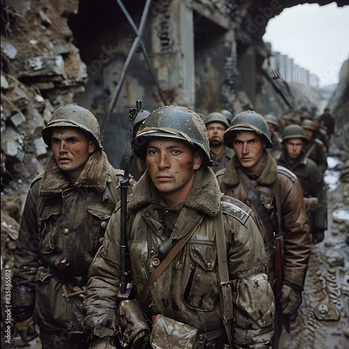 WWII soldiers marching through ruins