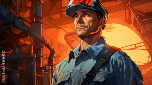 A smiling engineer in a hard hat and safety vest stands in front of towering oil refinery equipment, holding a clipboard with detailed schematics, showcasing the bustling industrial background.