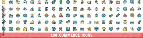 100 commerce icons set. Color line set of commerce vector icons thin line color flat on white