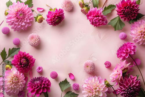 Pink and fuchsia colored flowers  pink paper balls  green leaves  dahlia flower heads  scattered around the frame on a light pastel background in a flat lay.