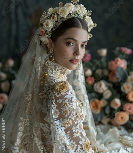 European bride wearing a lace wedding dress and a headpiece photo