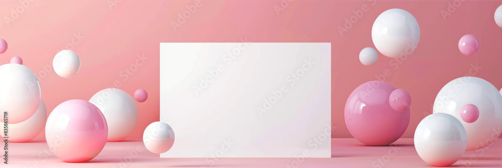 Pink and white spheres floating around an empty card on the left side of the frame, against a pink background. Pink and white spheres floating around an empty card on the left side of the frame, against a pink background.