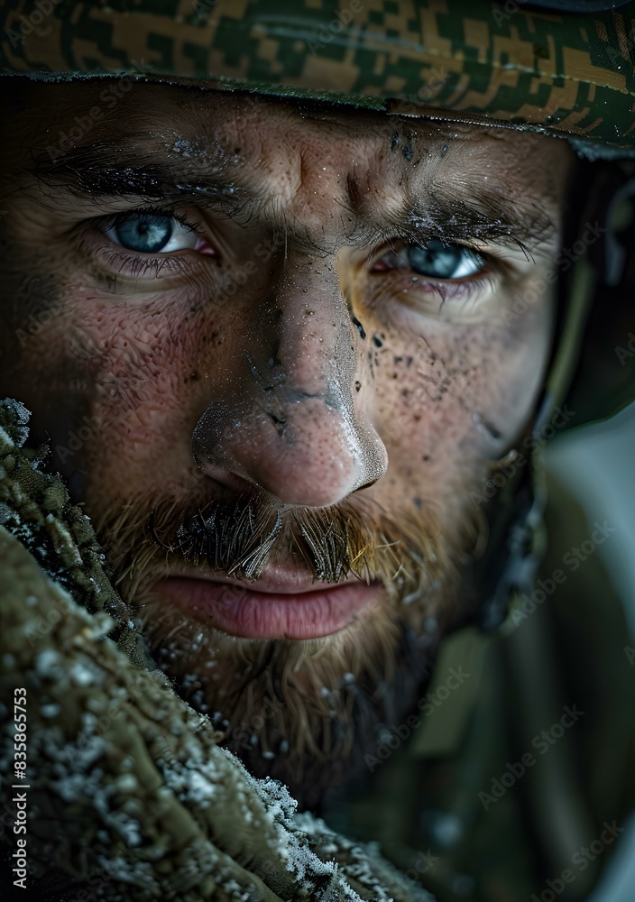 Portrait of a soldier with blue eyes and a beard wearing a military helmet Portrait of a soldier with blue eyes and a beard wearing a military helmet