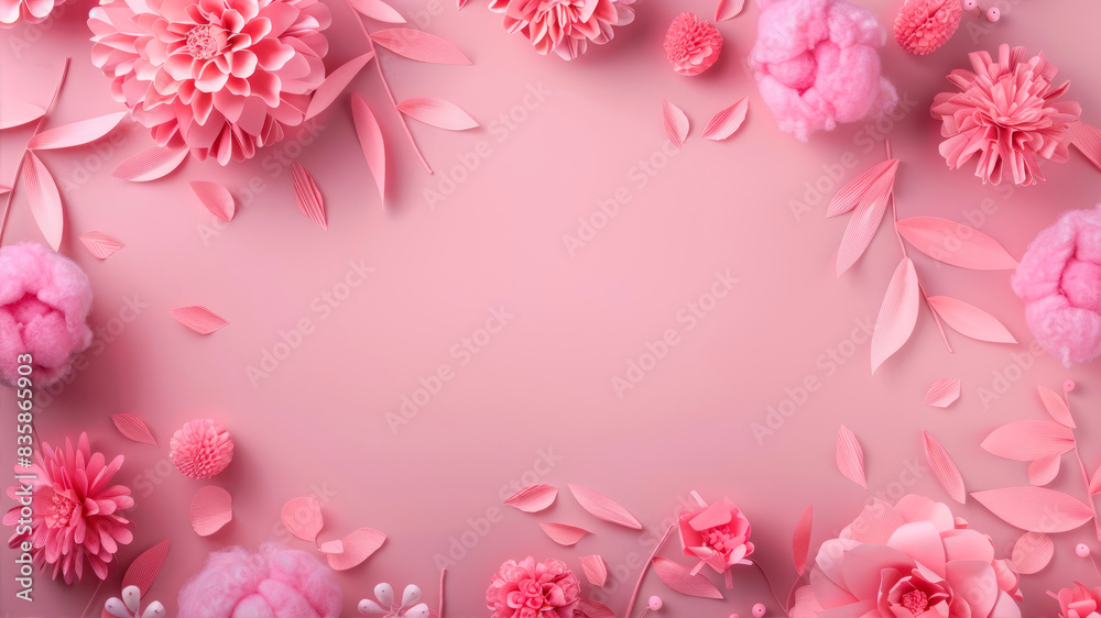 Pink background with pink paper flowers and leaves, a flat lay composition for a women's day or Mother's Day celebration, a photo of an empty space in the center Pink background with pink paper flowers and leaves, a flat lay composition for a women's day or Mother's Day celebration, a photo of an empty space in the center