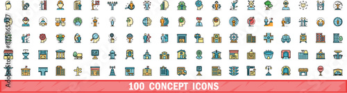 100 concept icons set. Color line set of concept vector icons thin line color flat on white