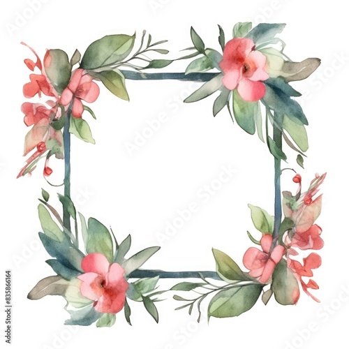 Watercolor floral frame with pink flowers and green leaves on a white background. Digital art of brown square picture frame decorated with light pink pastel flower. Romantic botany concept. AIG35.