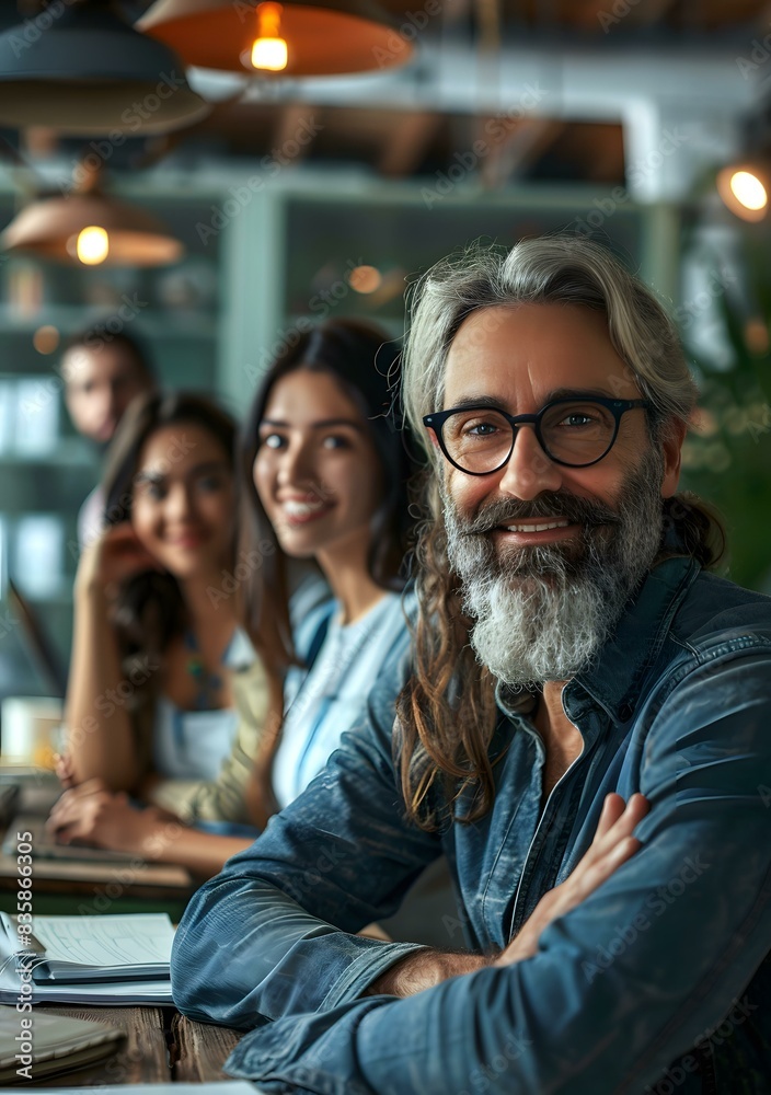 portrait of a smiling bearded man with three people in the background