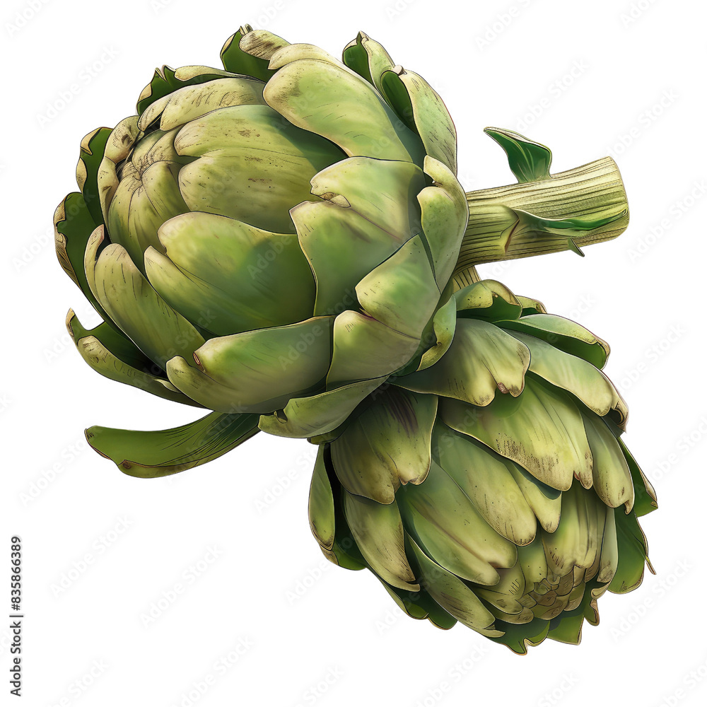Obraz premium High-resolution image of two fresh artichokes with detailed texture, perfect for culinary, health, and nature-related projects, isolated on a transparent background.