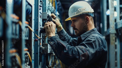 technician in uniform and safety helmet operates control panel Professional electrician man works in a switchboard with an electrical connecting cable, Electrician repairing  © Sittipol 