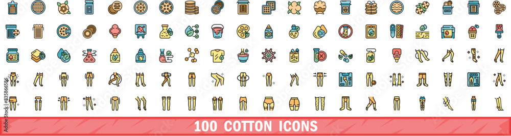 100 cotton icons set. Color line set of cotton vector icons thin line color flat on white