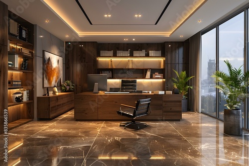 Modern office interior with marble floor and wooden furniture