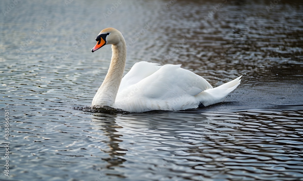 Fototapeta premium A swan is gliding across the lake, Generative AI 