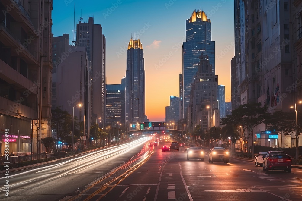 A bustling city street at dusk features light trails from passing cars and towering skyscrapers illuminated against the fading sunset