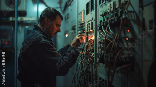 technician in uniform and safety helmet operates control panel Professional electrician man works in a switchboard with an electrical connecting cable, Electrician repairing  © Sittipol 