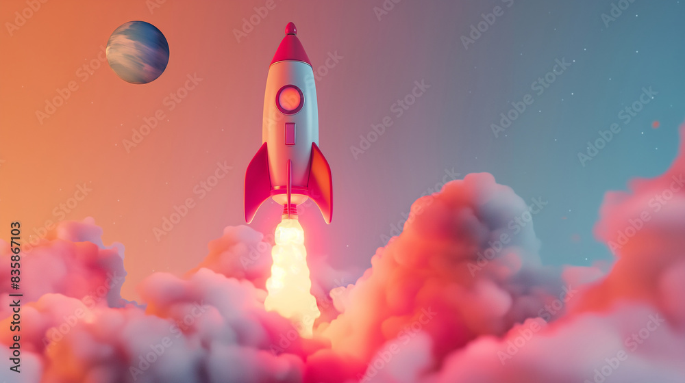 3D Realistic Cartoon Style Space Rocket with Smoke 3D Realistic Cartoon Style Space Rocket with Smoke