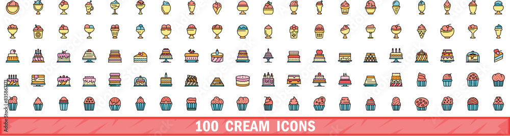 100 cream icons set. Color line set of cream vector icons thin line color flat on white 100 cream icons set. Color line set of cream vector icons thin line color flat on white