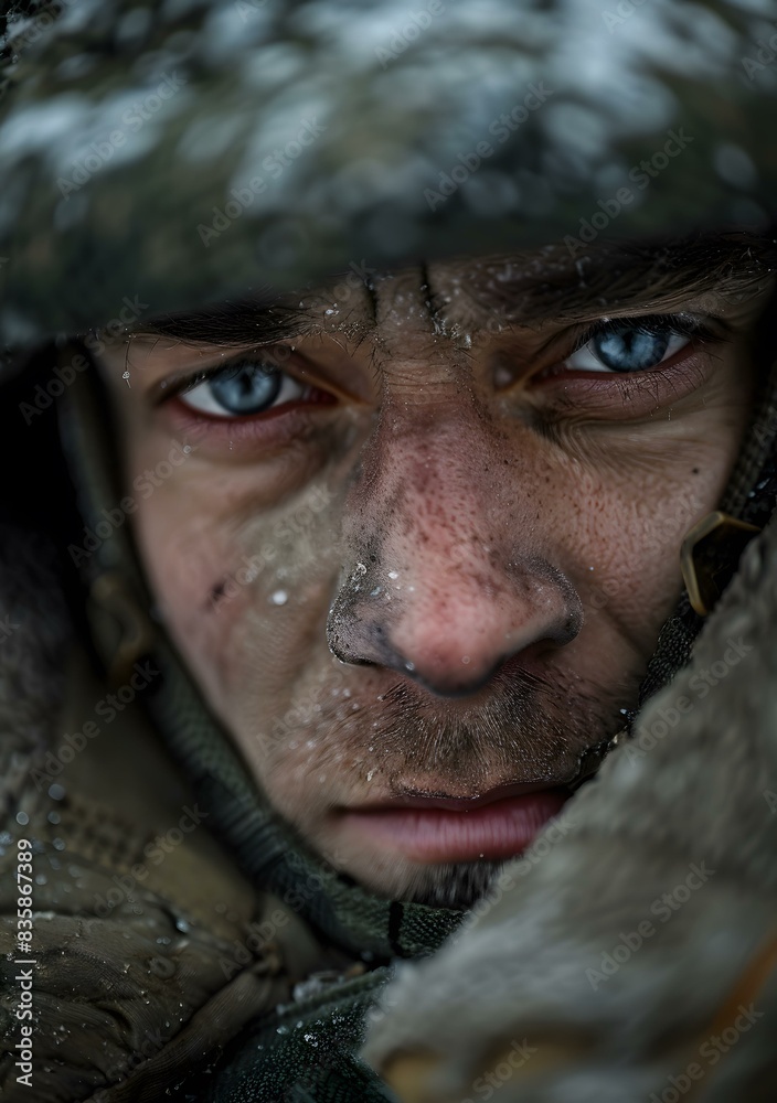 Portrait of a young soldier with blue eyes and a dirty face Portrait of a young soldier with blue eyes and a dirty face