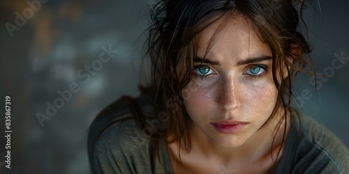 Portrait of a young woman with freckles and green eyes
