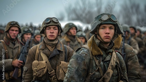 A group of soldiers in winter gear are standing in a snowy forest.
