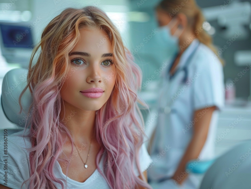 custom made wallpaper toronto digitalFemale client sitting on the medical couch. Doctor standing near client and preparing her for the future procedure in beauty room.