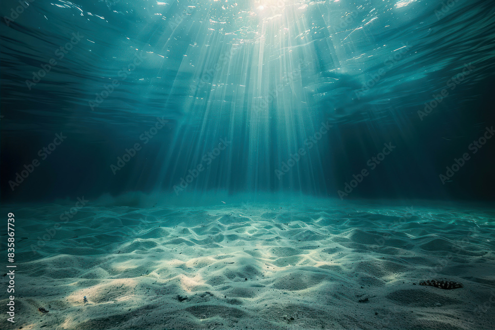 Underwater view of the ocean floor, light rays shining through water surface, creating an ethereal and tranquil atmosphere. Underwater view of the ocean floor, light rays shining through water surface, creating an ethereal and tranquil atmosphere.