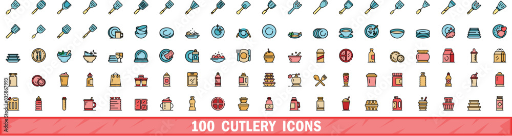 100 cutlery icons set. Color line set of cutlery vector icons thin line color flat on white 100 cutlery icons set. Color line set of cutlery vector icons thin line color flat on white