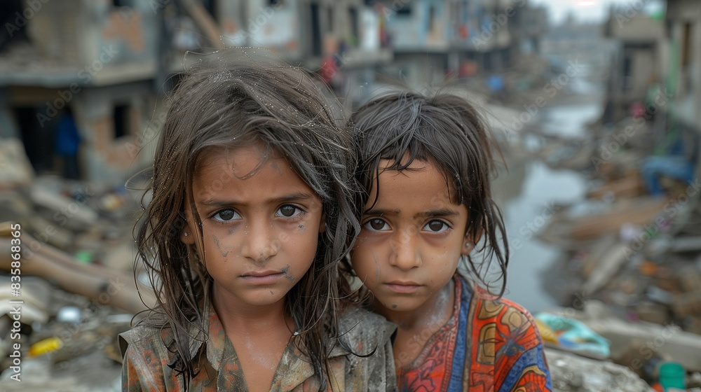 Fototapeta premium Innocent Children in War-Torn Areas Looking Scared and Lost Amidst the Ruins of Their Homes, Highlighting the Impact of Conflict on Young Lives