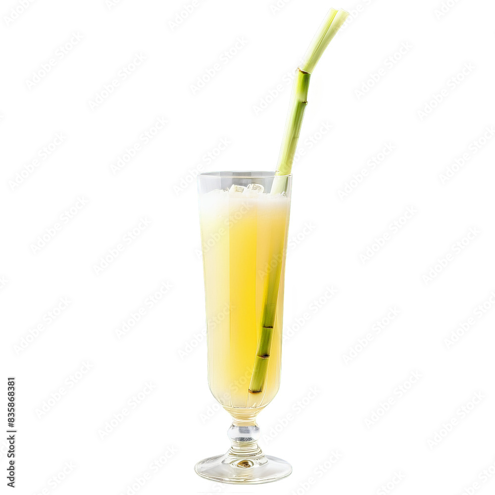 Refreshing sugarcane juice in a Collins glass a stalk of sugarcane with its fibrous texture Refreshing sugarcane juice in a Collins glass a stalk of sugarcane with its fibrous texture