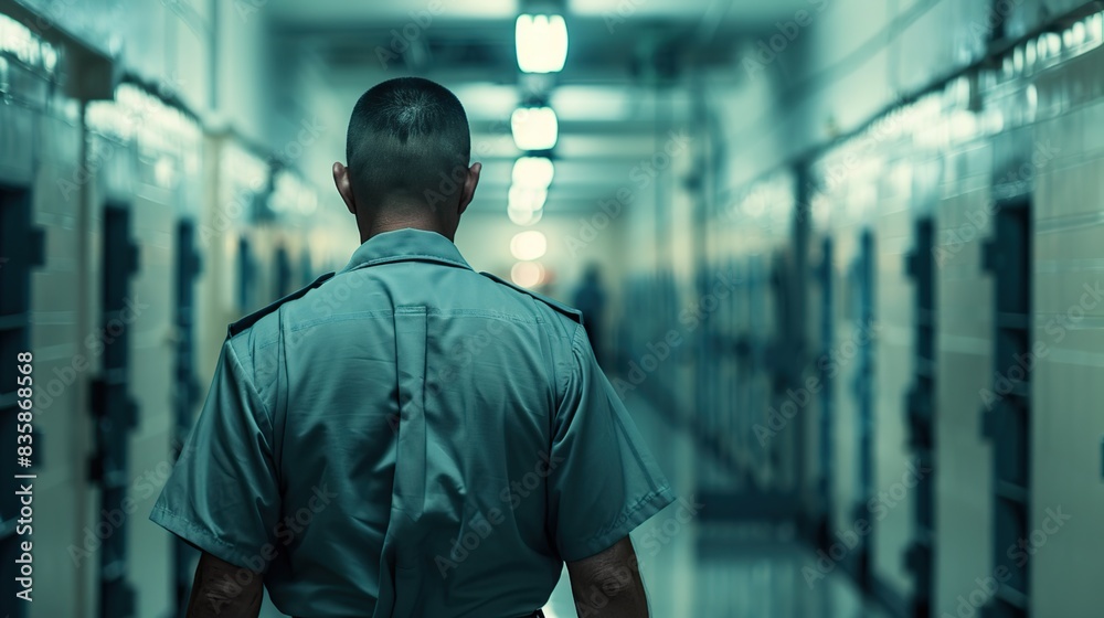 Close up back view of security guard man walking in prison corridor. Close up back view of security guard man walking in prison corridor.