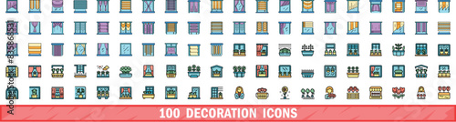 100 decoration icons set. Color line set of decoration vector icons thin line color flat on white