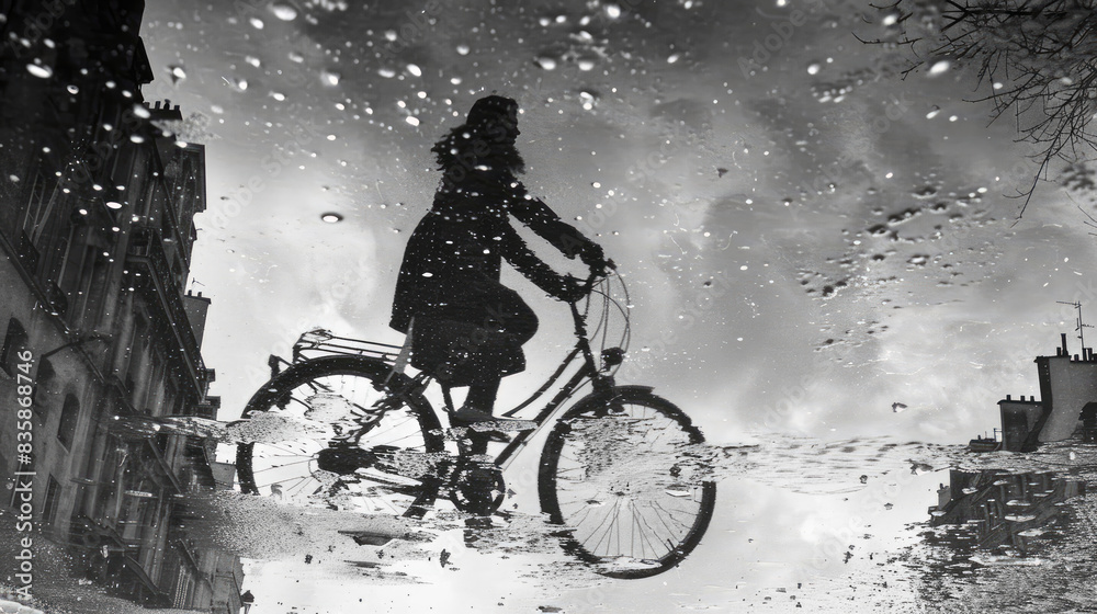 Obraz premium Blurred silhouettes of the girl on the bike down the street in the rain, Black and white vintage image