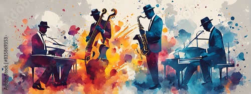 Jazz Music Background Poster with Band Instruments. Concert Piano Art and Abstract Design. Jazz Saxophone Music Flyer for Party, Festival, Singer, Orchestra, Musician, Guitar Player Banner.