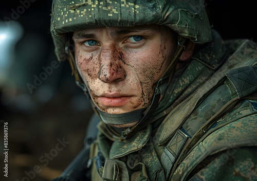 Portrait of a young soldier with blue eyes and a dirty face