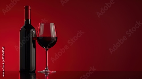 A wine bottle and glass filled with red wine on a sleek, black table with a solid red background, highlighting the contrast between the wine and the backdrop.